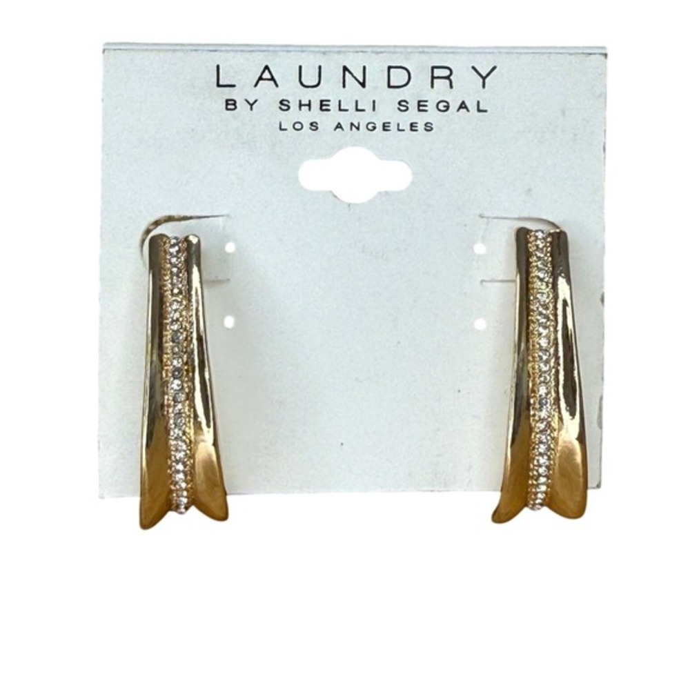 Laundry by Shelli Segal‎ Gold Tone Rhinestone J Hoop Earrings Modern Glam